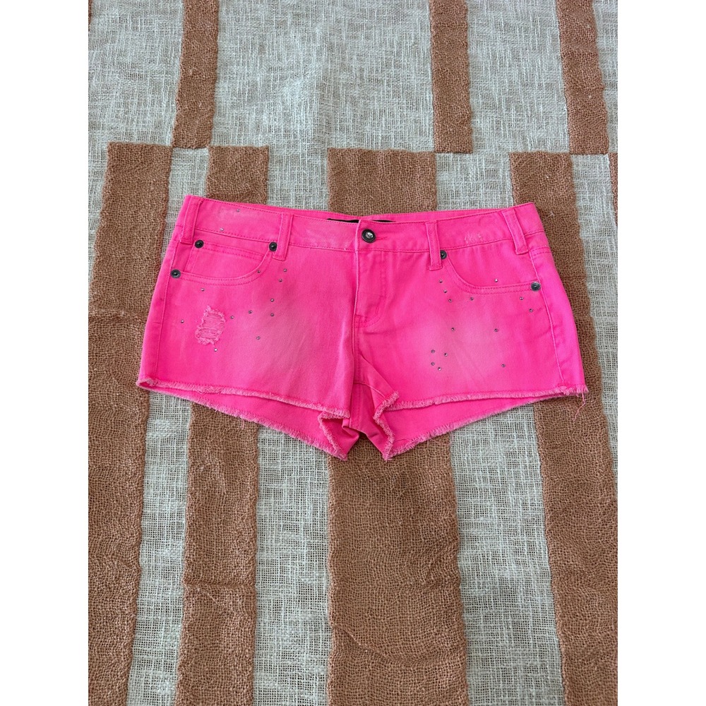 Freestyle Revolution Neon Pink Distressed Denim Shorts Rhinestone Y2K Size 13